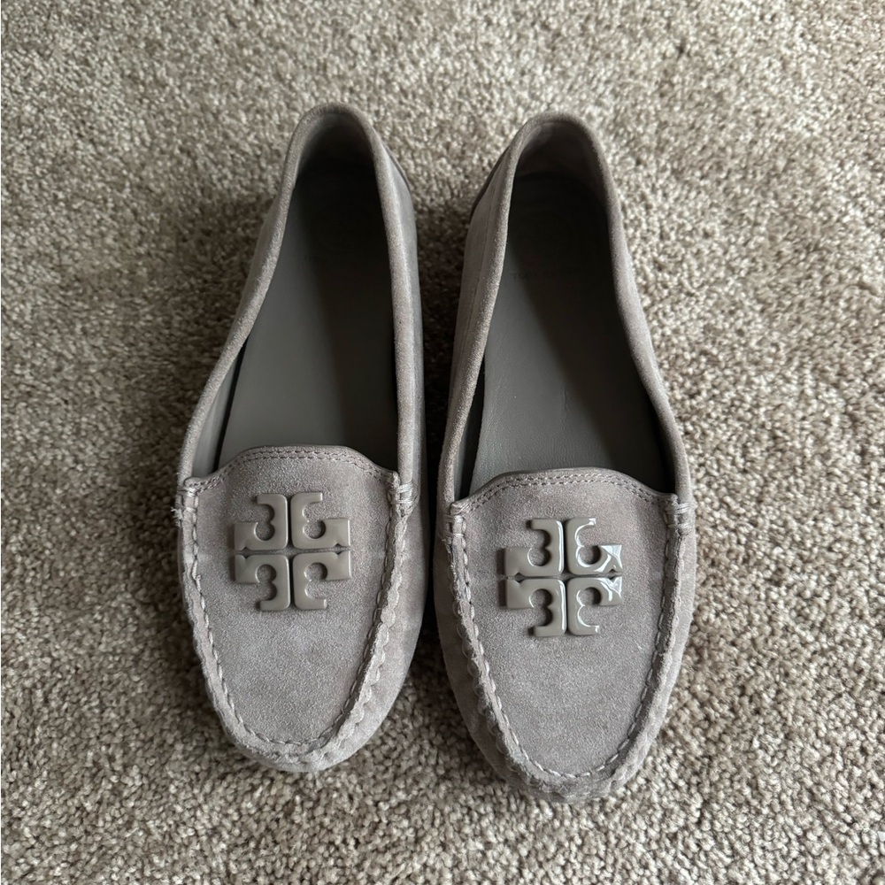 Tory Burch Taupe Suede Logo Loafers
